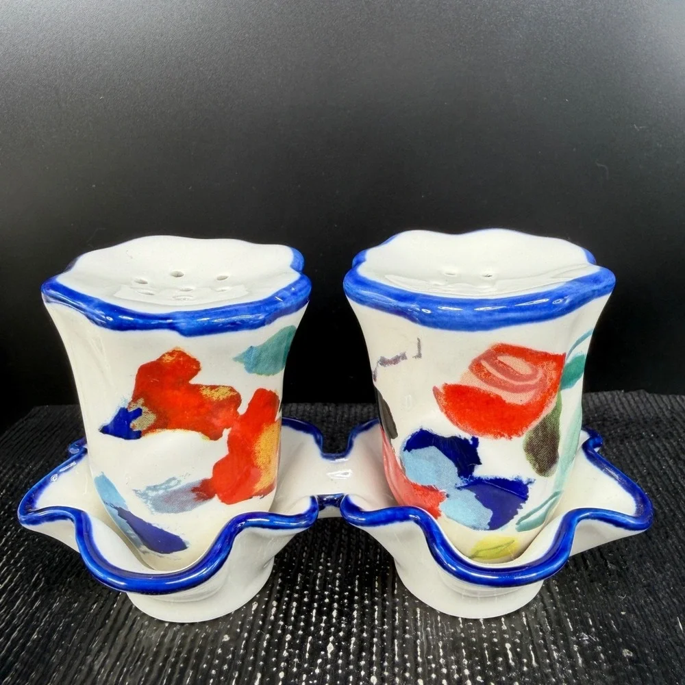 Anthropologie Luna Floral Ceramic Salt and Pepper Shaker Set with Tray New w Tag